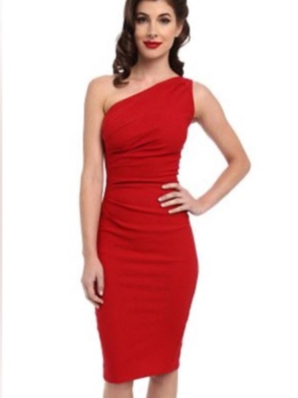 Stop Staring Red One Shoulder Retro Pinup Midi Dress by Alicia Estrada. Stetchy